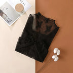 New Women Floral Lace Shirt Spring Autumn Long Sleeve Sexy Mesh Bottoming Shirts Mock Neck Blouse T-Shirt Pullover Top - Matrix-studios.com