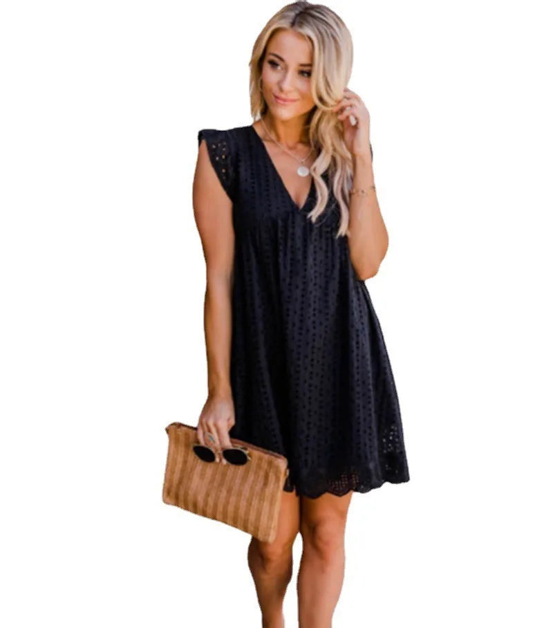 New summer women's fashionable temperament, casual and sexy commuting solid color lace jacquard hollow V-neck dress - Matrix-studios.com