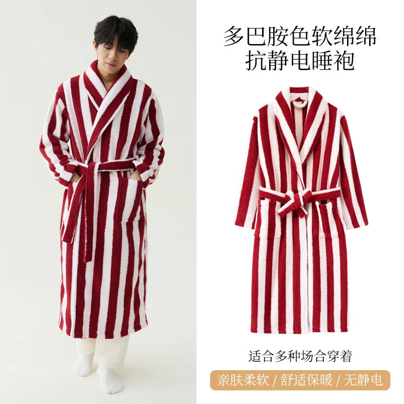 2025 New Autumn/Winter Women's Sleepwear Thick Velvet Warm Robe Couple Coral Velvet Striped Lengthed Home Clothes Bathrobe - Matrix-studios.com