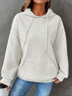 Women Short Length Waffle Knit Hoodie Solid Black Drawstring Pullover Sweatshirt Front Kangaroo Pocket Long Sleeve Casual Tops - Matrix Studios