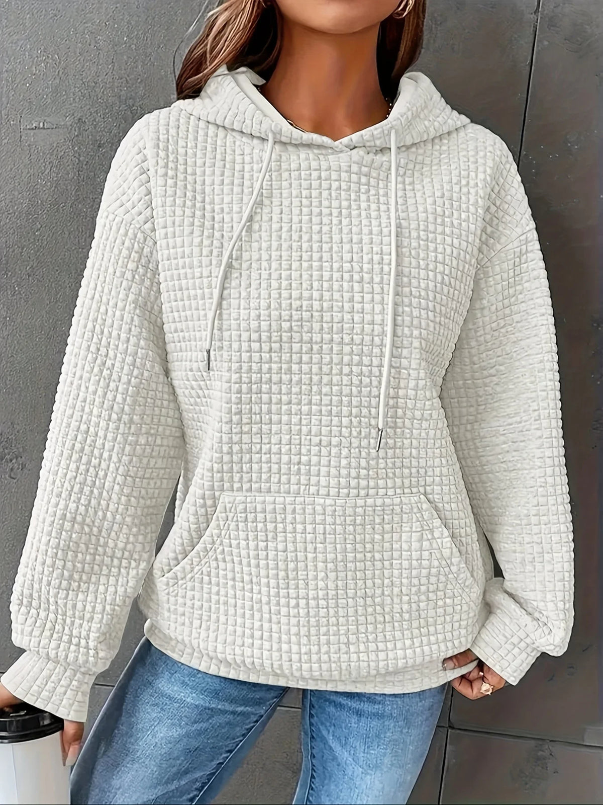 Women Short Length Waffle Knit Hoodie Solid Black Drawstring Pullover Sweatshirt Front Kangaroo Pocket Long Sleeve Casual Tops - Matrix Studios