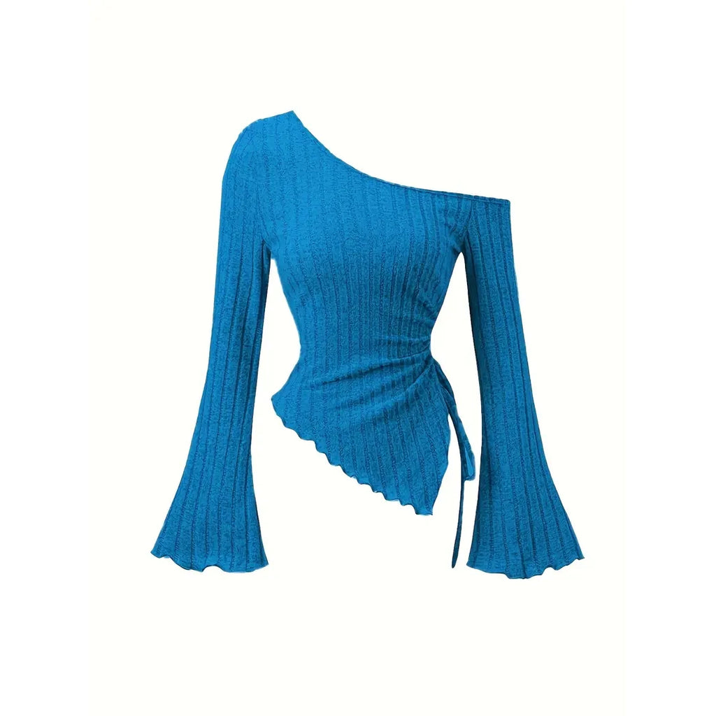 Women's Off-Shoulder Cross Long-Sleeved Slim Fit T-Shirt Asymmetrical Street Style Casual Elegant Top with Trumpet Sleeves - Matrix-studios.com