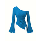 Women's Off-Shoulder Cross Long-Sleeved Slim Fit T-Shirt Asymmetrical Street Style Casual Elegant Top with Trumpet Sleeves - Matrix-studios.com