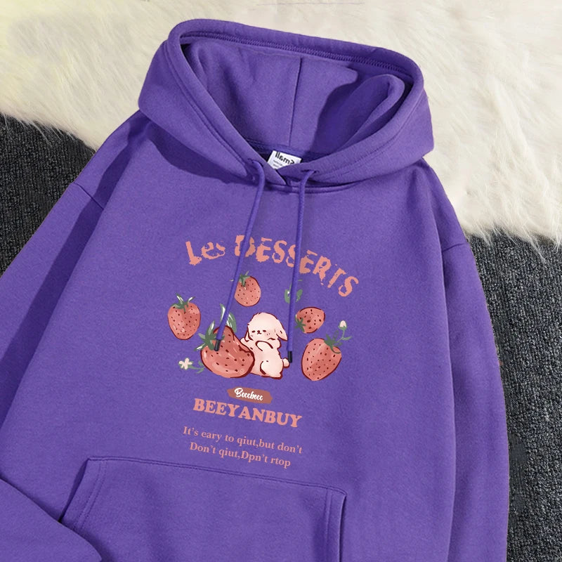 Fashion Women'S Hoodie Cute Strawberry And Rabbit Printed Sweatshirt Pocket Soft Warm Breathable Pullover Autumn Winter Hoody - Matrix Studios
