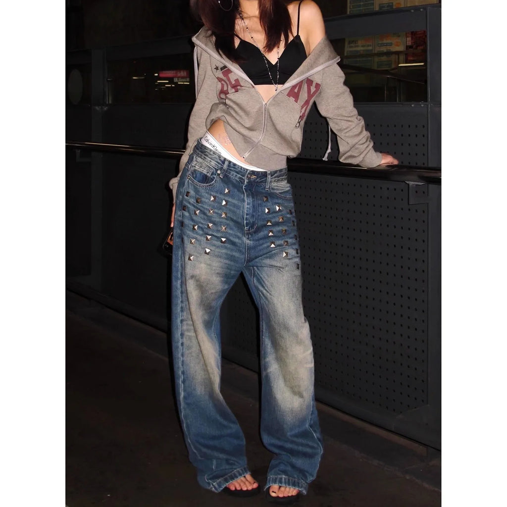 Retro Distred American High Street Jeans For Women's  Wide Leg Floor-Length Pants with Rivet Denim Pants - Matrix-studios.com