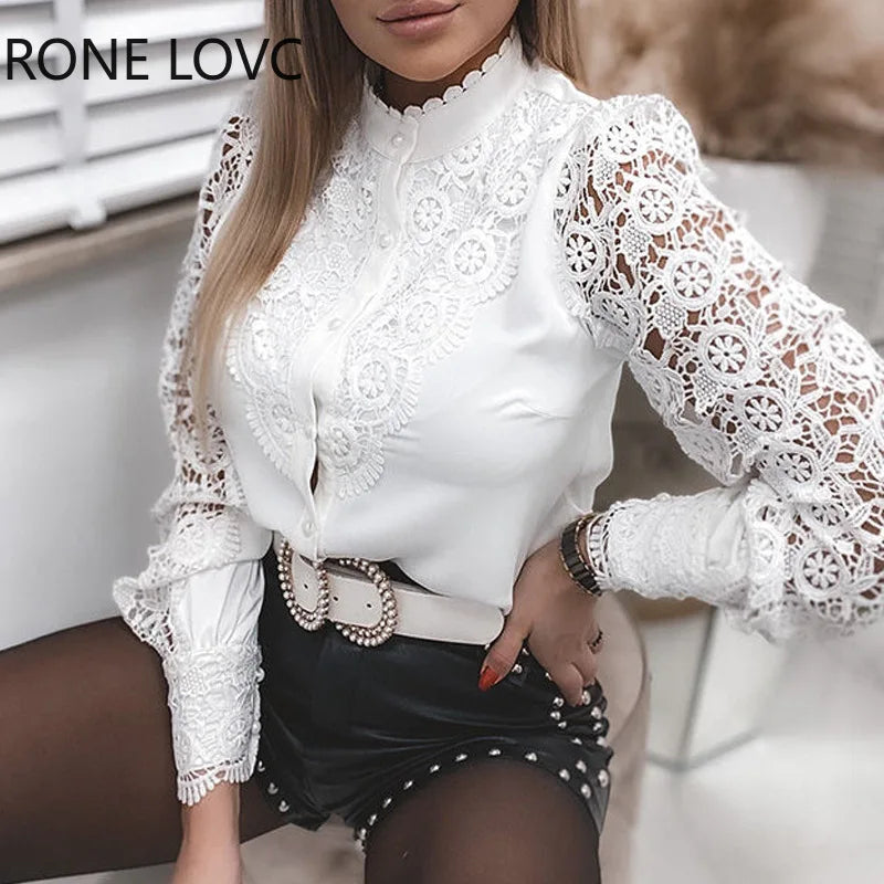 Shirts Elegant Office Ladies White Collared Lace Patchwork Hollow Out Button Up Womens Tops And Blouses 2024 Fashion New Blouse - Matrix-studios.com