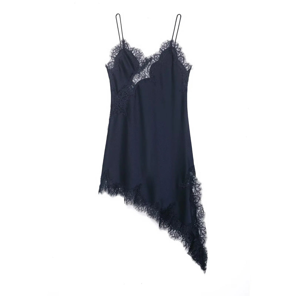 Satin Sexy Lace Spliced Short Sling Dress Women Sleeveless Backless Asymmetric Sexy Party Dresses 2026 Summer Lady Dress ﻿ - Matrix-studios.com