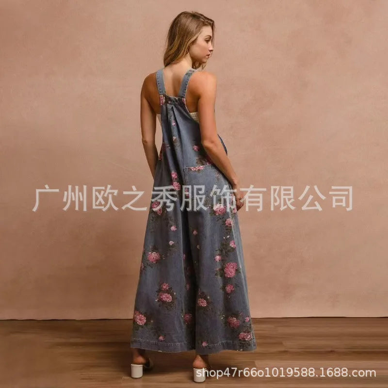 Denim Floral Print Trendy Sleeveless Jumpsuits for Women Rompers Festival Outfit Loose Overalls Pleated Pockets Long Pants - Matrix Studios