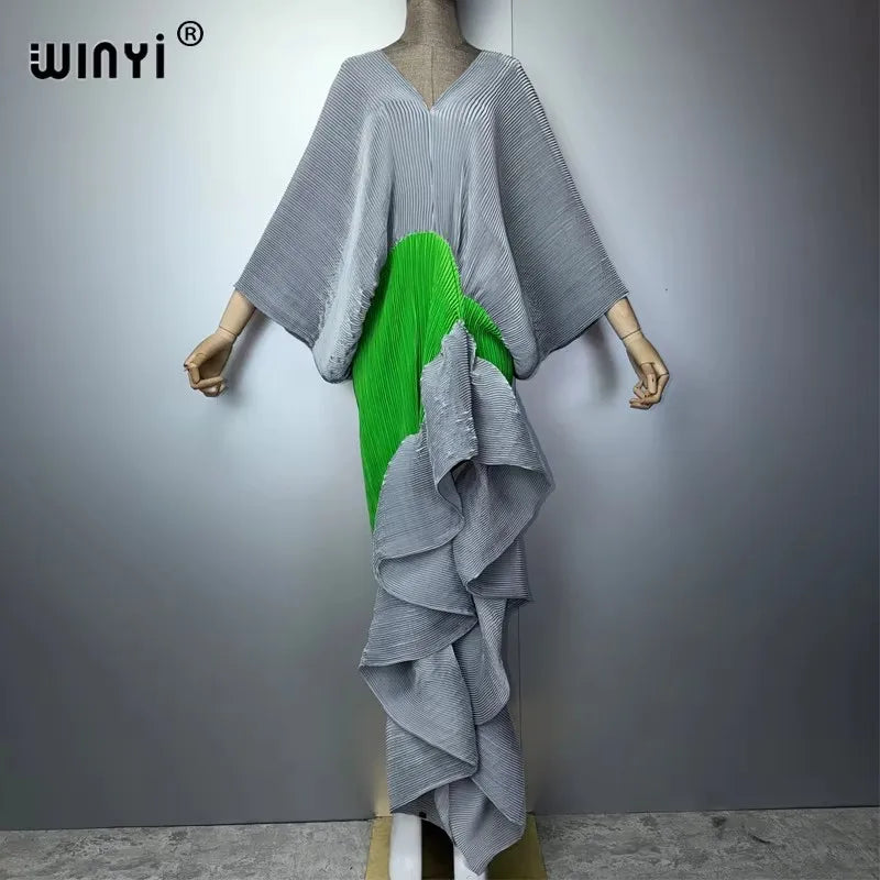 WINYI Women's Pleated Slim Dress with High Fork Fashion Beach Cover Up Muslim Kaftan Abaya Dubai Luxury Long Evening Dress - Matrix-studios.com