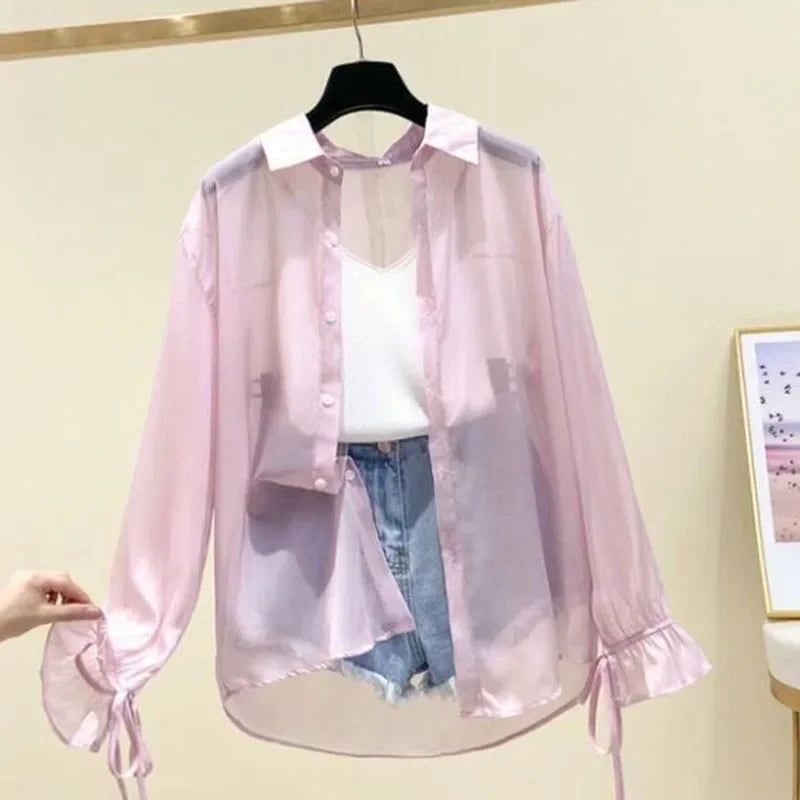Smvp Chiffon Blouses for Women Summer Thin Loose Button-Up Sunscreen Shirt Woman Korean Fashion Bow Lace-up Long Sleeve Shirts - Matrix-studios.com