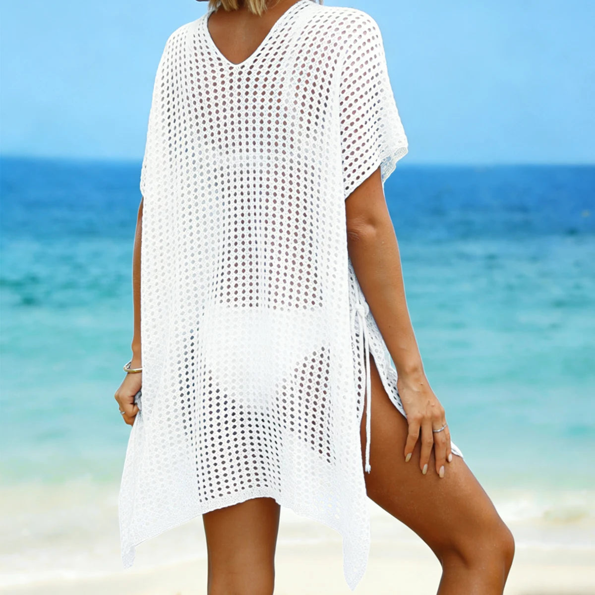Pure Color V-Neck Side Slit Tie Up Knitted Top, Casual Loose Fit Hollow Out Beach Cover-Up, Vacation Style Plain Beachwear - Matrix Studios