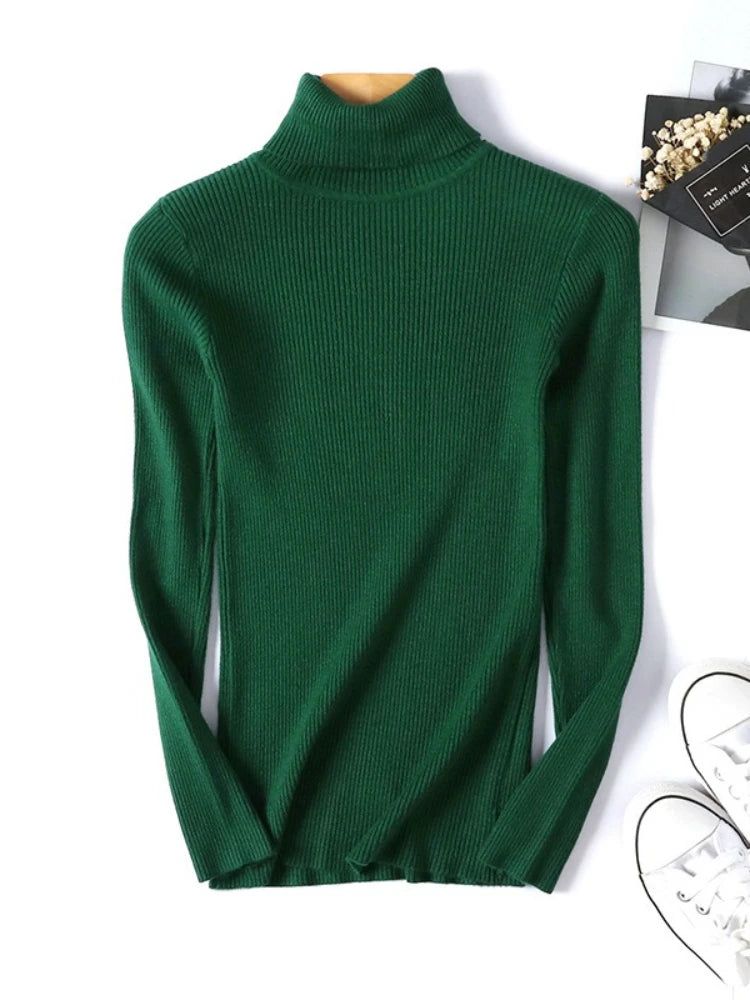 Casual Soft Polo-neck Jumper New Autumn Winter Women Knitted Turtleneck Sweater Fashion Slim Elasticity Solid Ribbed Pullovers - Matrix Studios