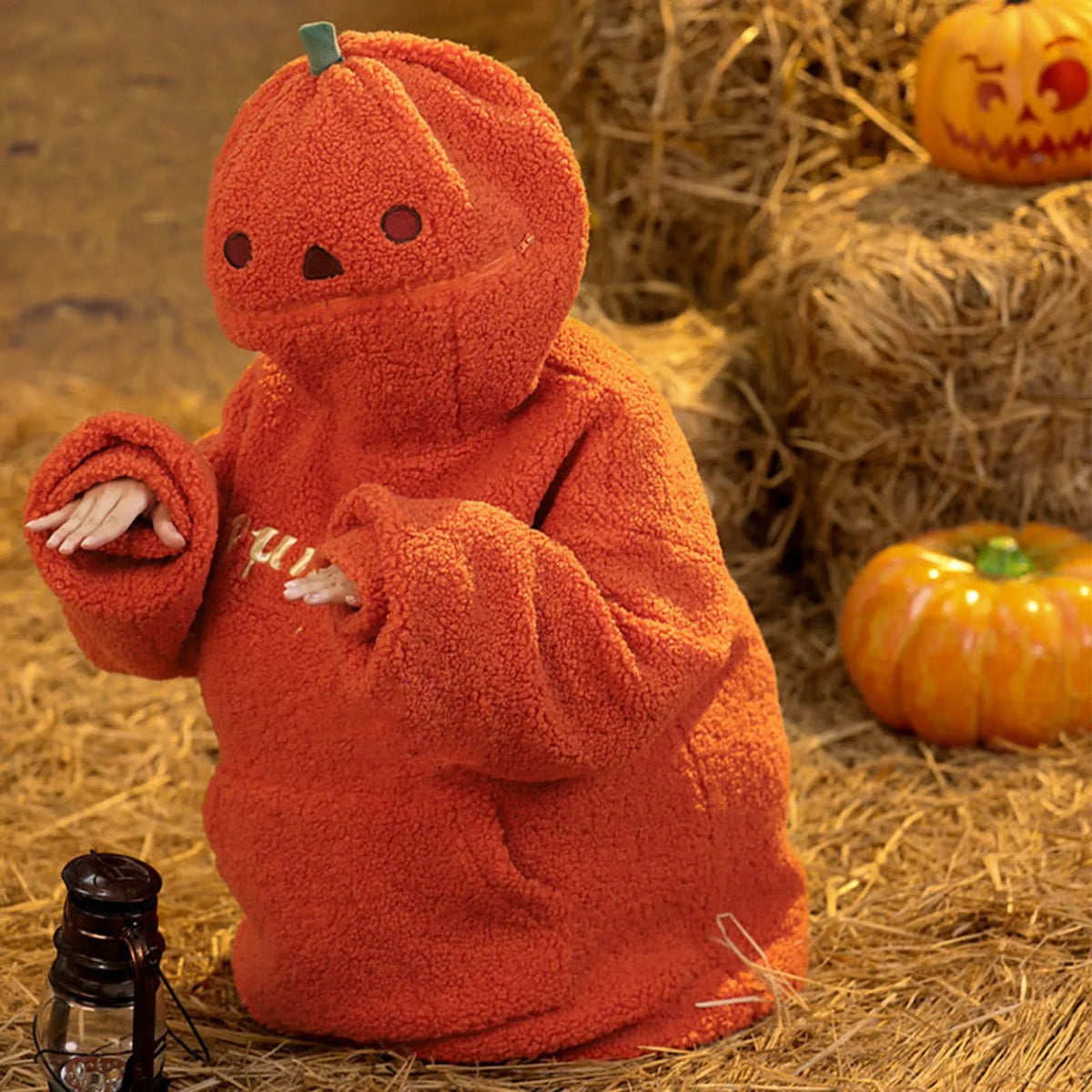 Women's Halloween Pumpkin Shaped Hoodie Autumn Round Neck Hooded Sweatshirt Double-Faced Fleece Cute Halloween Sweater Tops - Matrix Studios