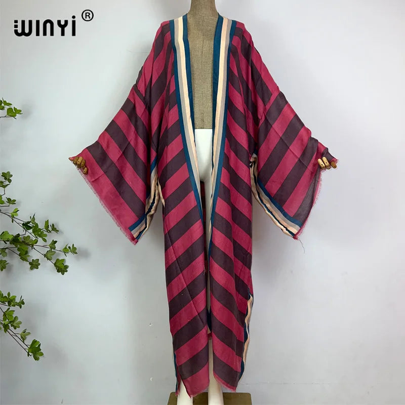 WINYI Kimono Africa Summer Boho Stripe Print Beach Swimwear Elegant Cardigan Sexy Holiday Maxi Beach Wear Swimsuit Evening Dress - Matrix Studios