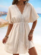 V Neck Lace Short Sleeve Tunic Beach Cover Up Cover-ups Beach Dress Beach Wear Beachwear Female Outfits Bathing kaftan for Women - Matrix Studios