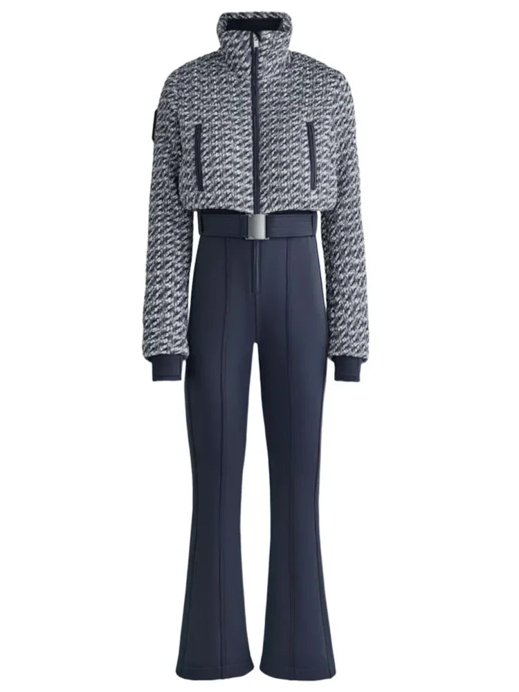 Elegant Print Thicken Women Ski Jumpsuit Full Sleeve Stand Collar Zipper Belt Long Romper 2025 Warm High Waist Female Rompers - Matrix Studios