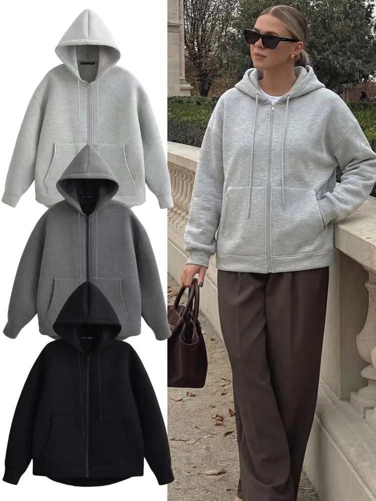 HH 2026 Casual Women's Soild Zipper Hoodie Long Sleeve Big Pocket Zipper Jacket With Hood Female Loose Outerwear Coat Tops - Matrix-studios.com