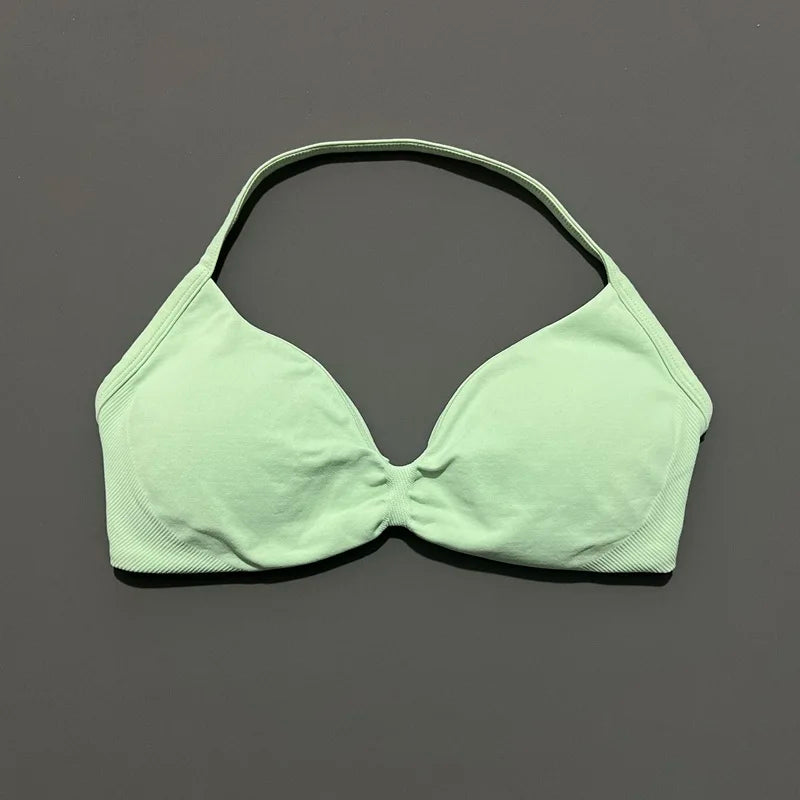 HISTELLO Strappy Bra Gym Top Women High Support Thin Strap Halter Sports Seamless Bras Scrunch Push-up Workout Yoga Tank Tops - Matrix Studios