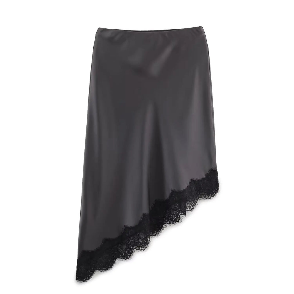 BSAY Lace Asymmetry Satin Texture Skirt Women Fashion Autumn Winter New Solid Chic Female High Waist Elegant Skirts Mujer - Matrix-studios.com