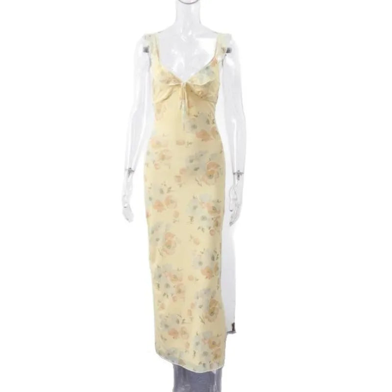 Summer Flower Printed Women's Sexy Low-cut Dress Sleeveless Backless Slim Sling Dresses 2025 Beach Vacation Lady Vestidos - Matrix-studios.com