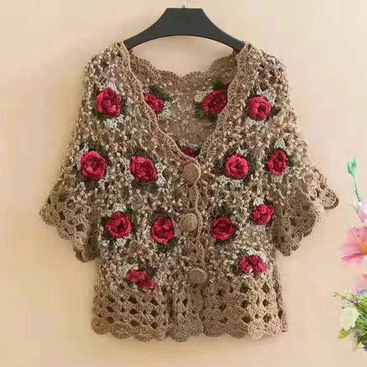Three-Dimensional Flower Openwork Crocheted Sweater Cardigan Women's Spring And Autumn New Heavy Industry Joker Sweater 3XL Coat - Matrix Studios