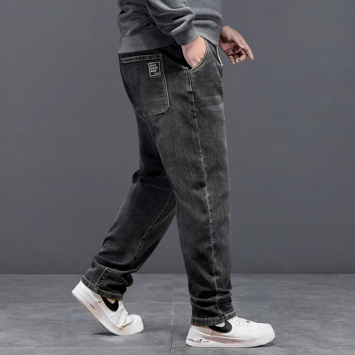 Extra Big Size Jeans Men High Elastic Waist Baggy Denim Pant Male Plus Large Loose Slim Fit Cowboy Trouser 8XL 6XL Classic Black - Matrix Studios