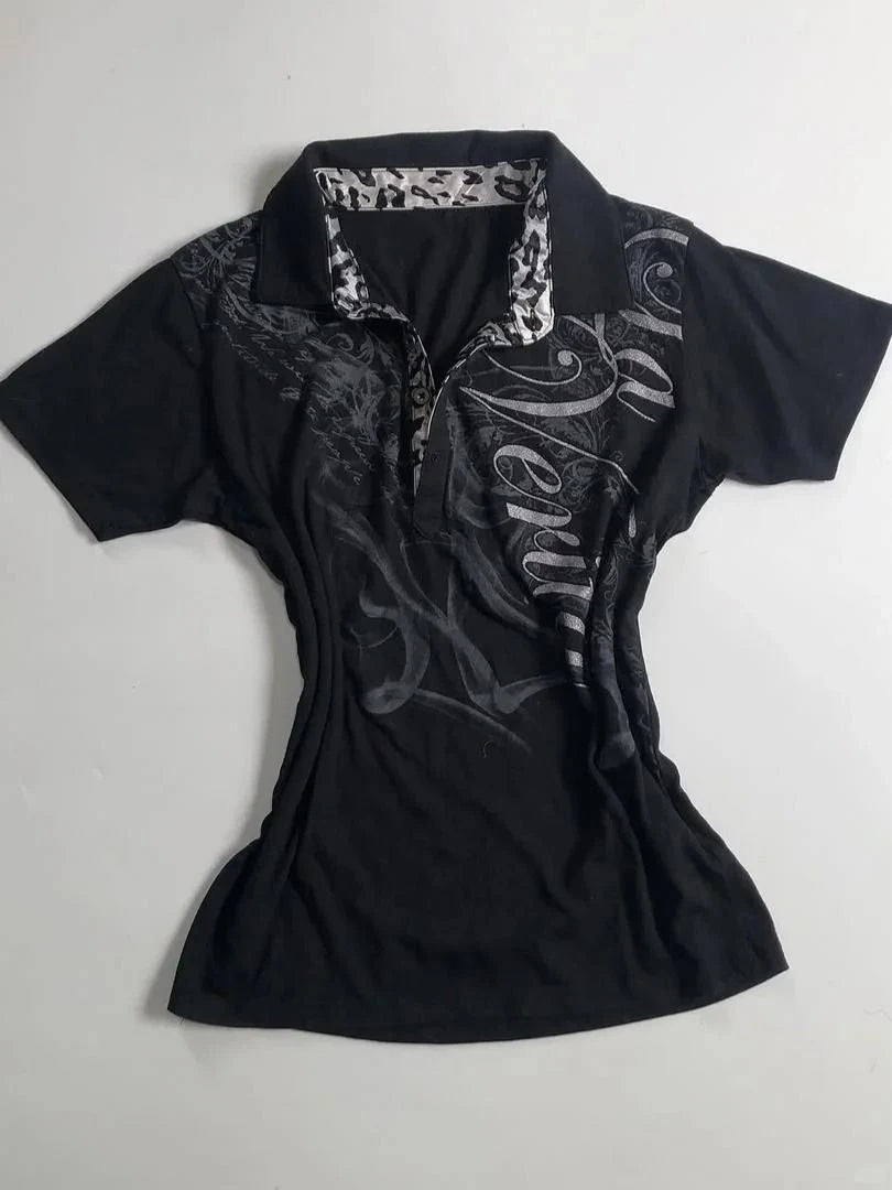 Vintage Y2k T-shirt Polo Letter Print 90s Slim Goth Punk Aesthetic Harajuku Summer Woman Clothes Streetwear Crop Top Grunge Tees - Matrix-studios.com