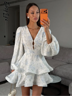 Women Floral Print Mini Dress V-neck Balloon Sleeve Keyhole Detail Tiered Ruffle Hem Dresses 2026 New Summer Holiday Party Gowns - Matrix-studios.com