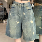 Women High Waist American Retro Washed Wide Leg Jeans Girls Street Do Old Star Loose Denim Pants Female Blue Knee Length Shorts - Matrix-studios.com