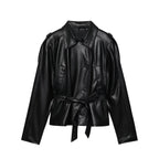 ETJ 2025 autumn new women's fashion belt imitation leather long sleeve short trench coat casual leather coat - Matrix Studios