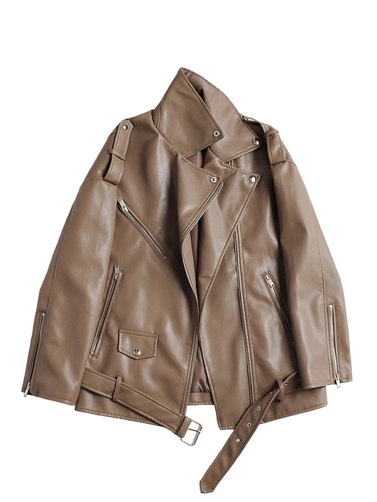 Ailegogo Women Loose Motorcycle Biker Black Pu Faux Leather Jacket with Belt Spring Autumn Female Zipper Coat Outwear - Matrix Studios