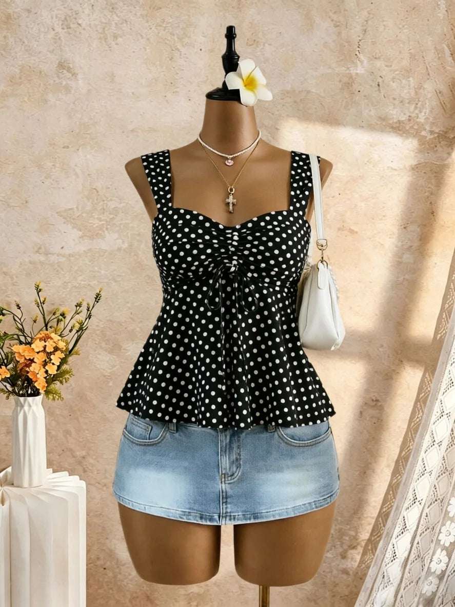 Women Sweetheart Neck Drawstring Ruched Peplum Cami Top Polka Dot Print Sleeveless Casual Camisole Outfit - Matrix-studios.com
