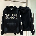 2XL High Street Retro Satoshi Hoodies Leather Embroidered Color Diamond Letter Print Fleece Hood Sweatshirts Men Women Outfit - Matrix-studios.com
