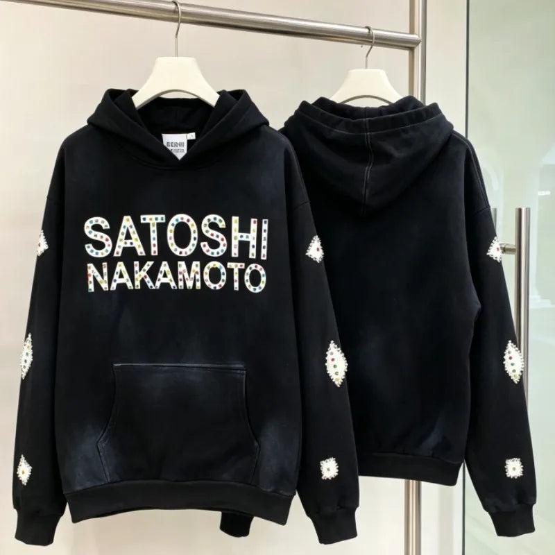 2XL High Street Retro Satoshi Hoodies Leather Embroidered Color Diamond Letter Print Fleece Hood Sweatshirts Men Women Outfit - Matrix-studios.com
