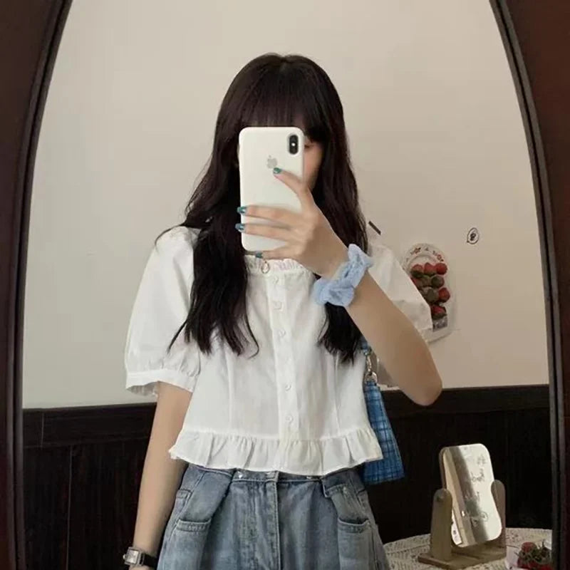 Korean Summer Ruffle Elegant Chiffon Cool Blouse Women Youthful Cute Cropped Tops Chic Short sleeve Feminine Shirt - Matrix-studios.com