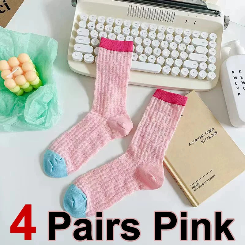 4/8 Pairs Women Solid Color Striped calf Socks Fashion Korean Version Simple Spring Summer Breathable Comfortable Stacking Socks - Matrix Studios