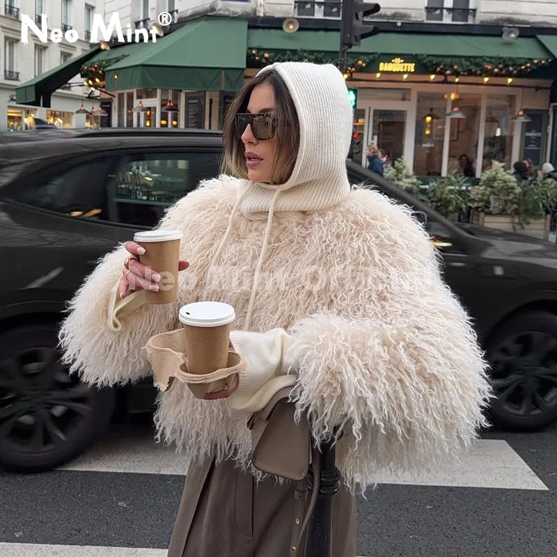 Neo Mint Chic Street Girls Round Neck Faux Mongolia Sheep Fur Coat Women 2025 Winter Fluffy Warm Fur Jacket Cropped Outerwear - Matrix Studios