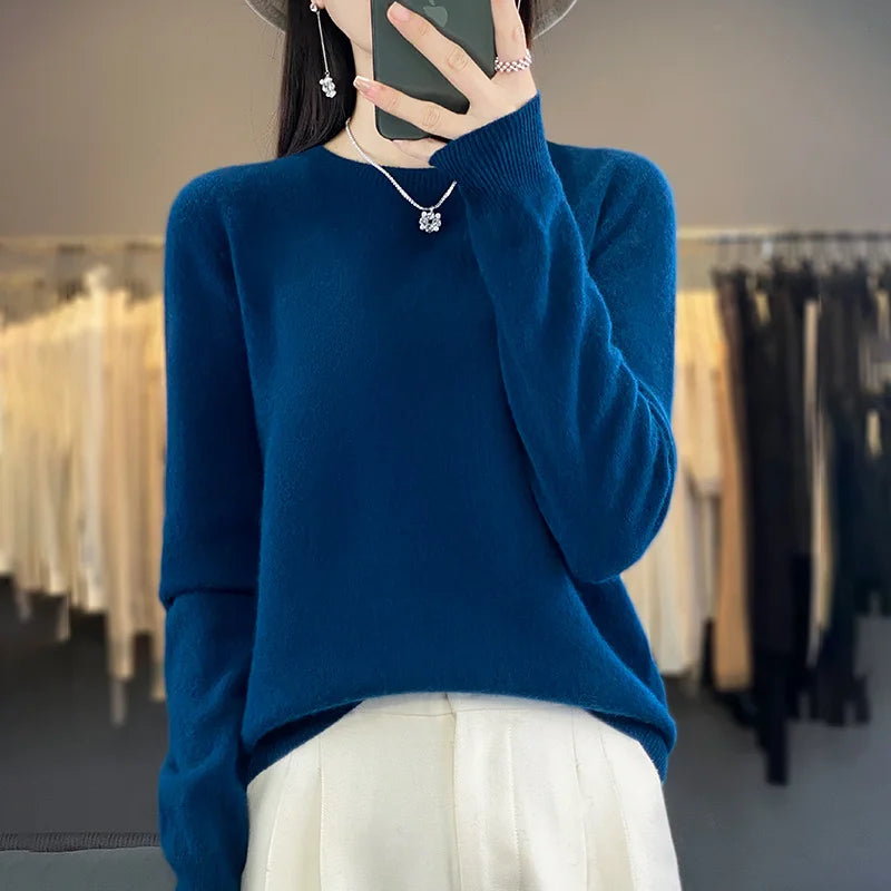 100% Merino Wool Sweater Women O-neck Cashmere Knitwear Female Pullover Autumn Winter Casual Tops Solid Color Soft  Clothing - Matrix Studios