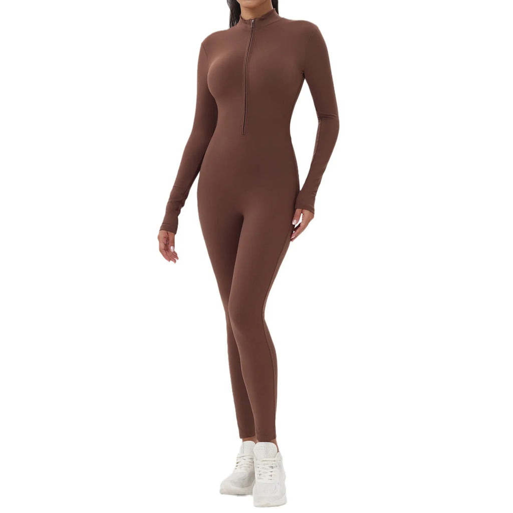 European and American popular zippered long-sleeved trouser jumpsuit slim fit hip-lifting sportswear yoga wear - Matrix Studios