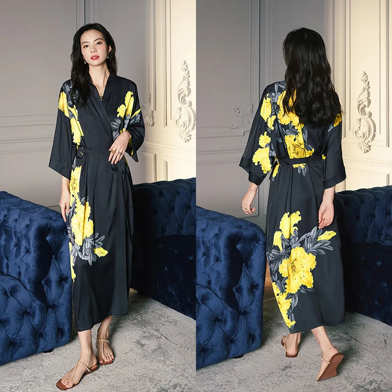 Print Flower Long Kimono Bathrobe Gown Sexy Women Half Sleeve Wedding Robe Nightgown Spring Summer Rayon Home Dress Sleepwear - Matrix-studios.com