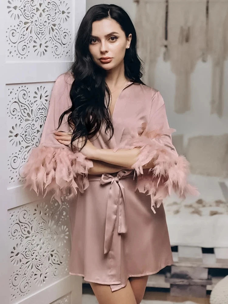 White Feather Robe With Fur Full Sleeves Sleepwear Satin Robes For Women Nightgown Bride Robe Gown Dress Bathrobe Female - Matrix-studios.com