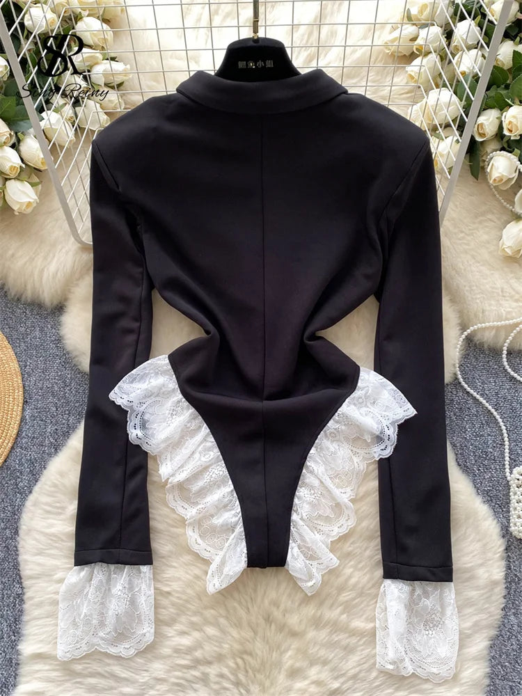 SINGREINY Female Lace Spliced OL Sexy Bodysuits Autumn Long Sleeve Slim Playsuits Women Streetwear Open crotch Fashion Rompers - Matrix Studios