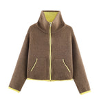 2025 Winter New Product Women's Lazy Style Loose Contrasting Color Decorative Layer Knitted Pilot Jacket Coat - Matrix-studios.com