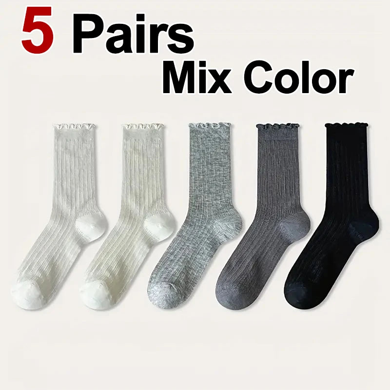 5/10 Pairs Women Solid Color Mesh Mid Tube Socks Summer Lightweight Breathable Fashionable Wavy Edge Ballet Style Casual Socks - Matrix Studios