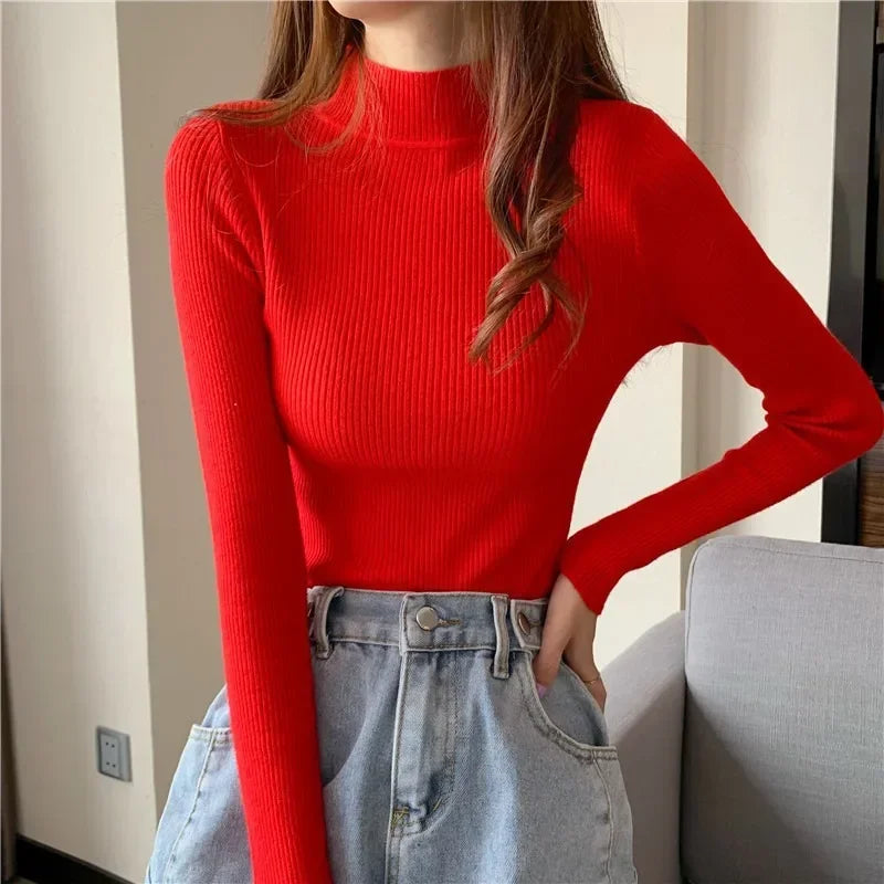 Women Sweater Pullover Autumn Winter Knitted Half High Collar Long Sleeve Slim Jumper Tops 2025 Casual Shirts Soft Warm Clothing - Matrix Studios
