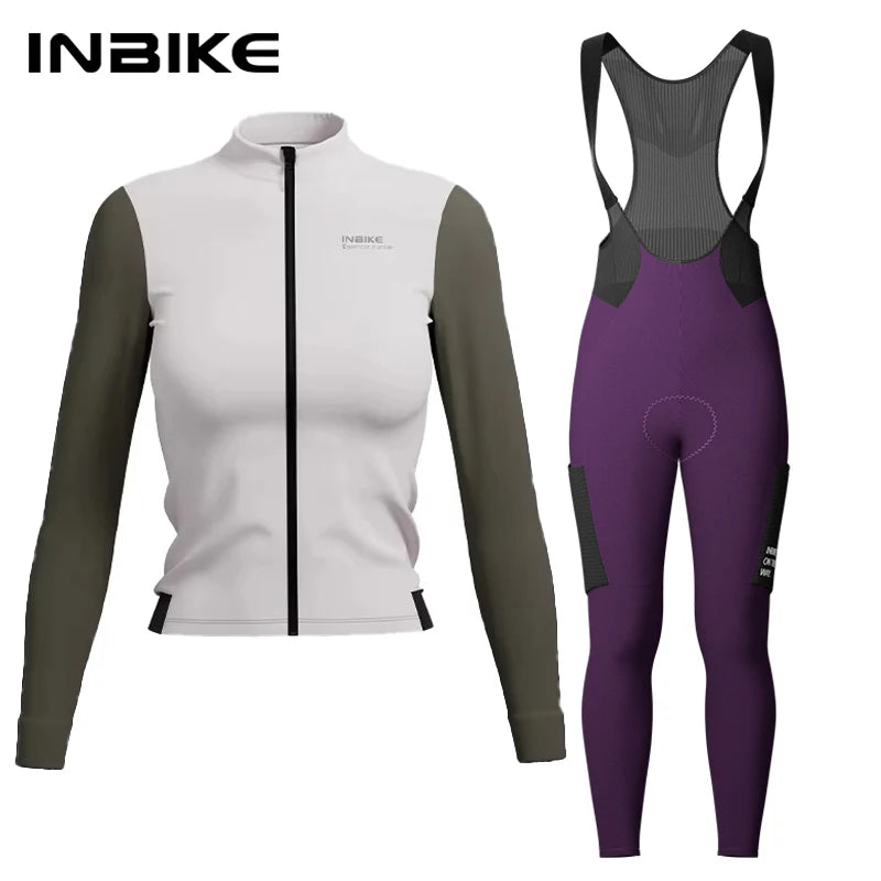 INBIKE Warm Thermal Cycling Jersey Set for Women Comfortable Fleece Road Bike Bib Pants Windproof Road MTB Clothing with Pockets - Matrix-studios.com