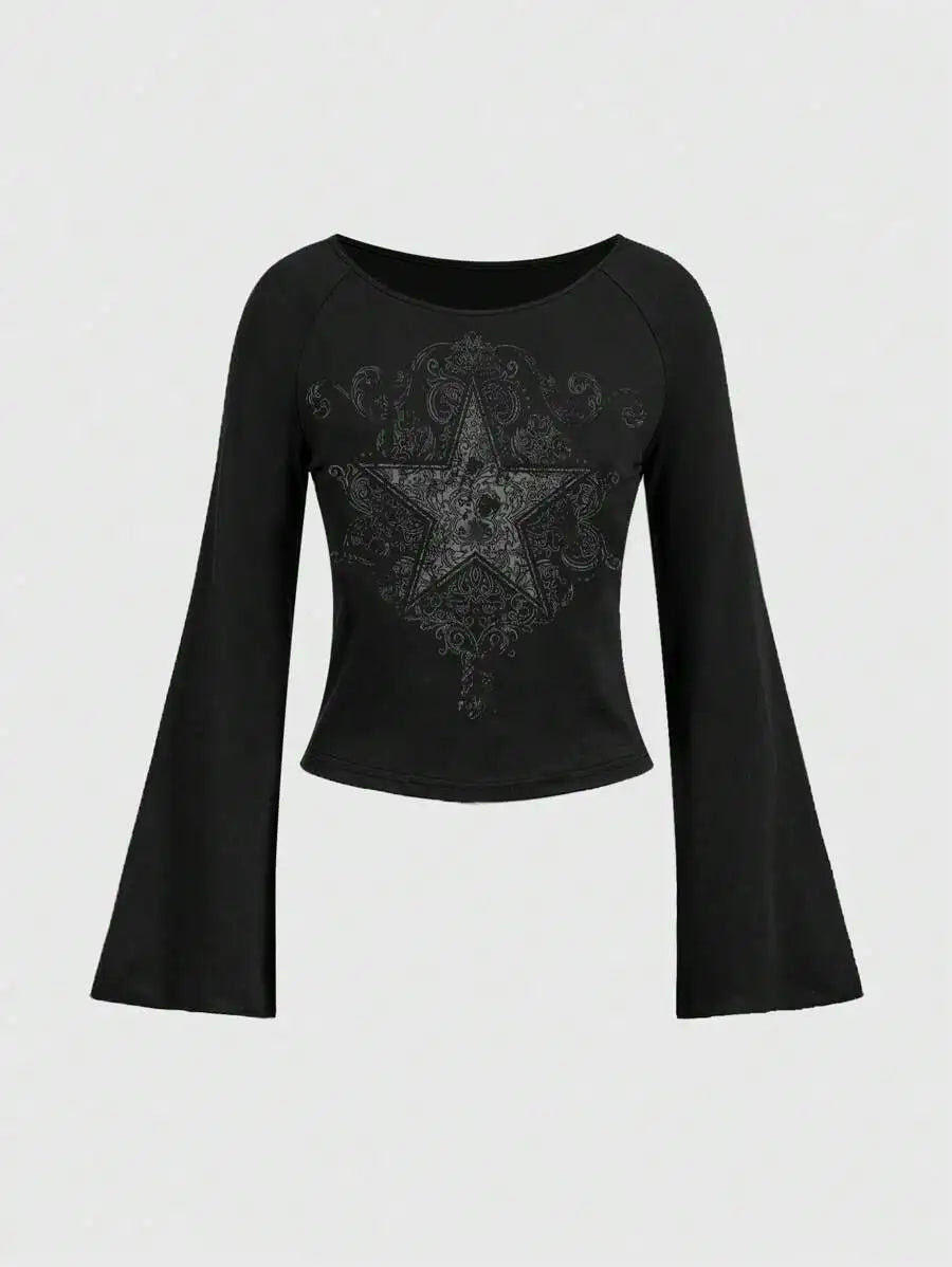 Y2K Grunge Emo Pattern Top Suitable for Autumn E-Girls Millennium Style Women's Aesthetic Gothic Printed Loose Long Sleeve T-shi - Matrix-studios.com