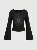 Y2K Grunge Emo Pattern Top Suitable for Autumn E-Girls Millennium Style Women's Aesthetic Gothic Printed Loose Long Sleeve T-shi - Matrix-studios.com
