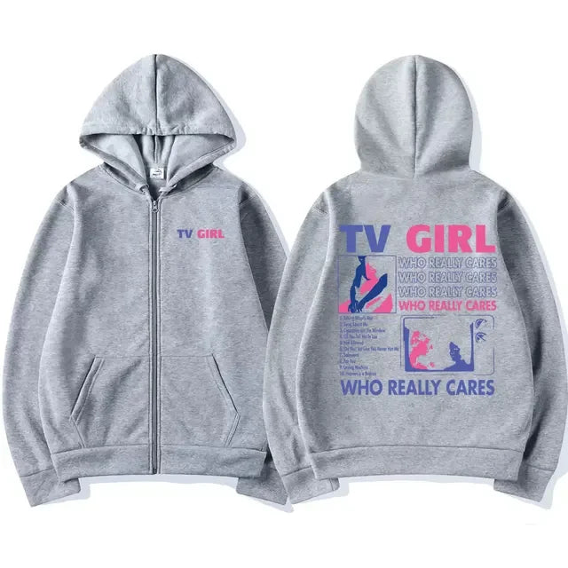 Men Women TV Girl Who Really Cares Graphic Print Zipper Hoodie Fashion Casual Oversized Jacket Fleece Long Sleeve Sweatshirts - Matrix Studios