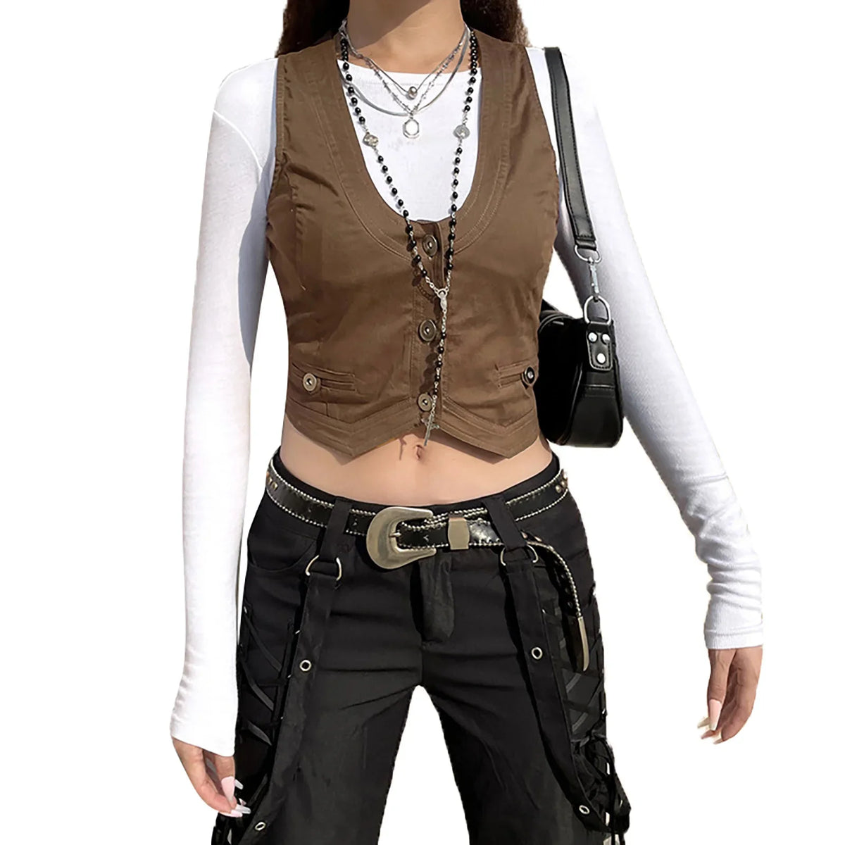 Combhasaki Y2K Vintage Women's Solid Color Irregular Hem Crop Vest Button-down U-shaped Neck Aesthetic Grunge Waistcoat Tops - Matrix Studios